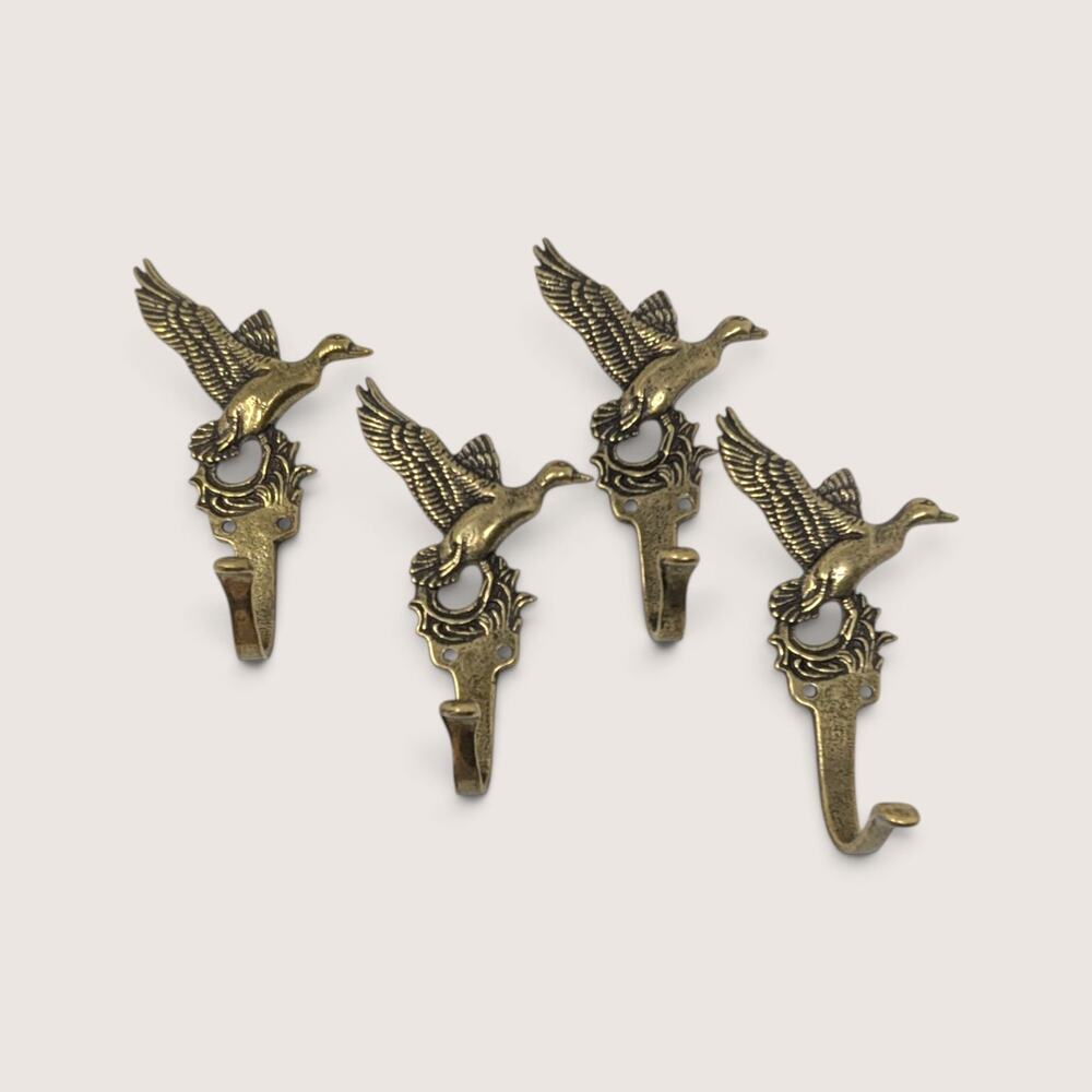 Set of 4 Vintage Brass Duck Wall Hooks Flying Mallard Coat Hangers
